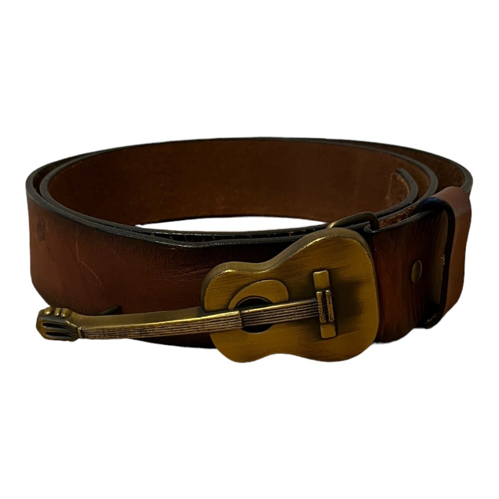 Old Navy 70s Retro Style Brown Leather Belt Guitar Buckle Brass Tone Mens 36 VTG